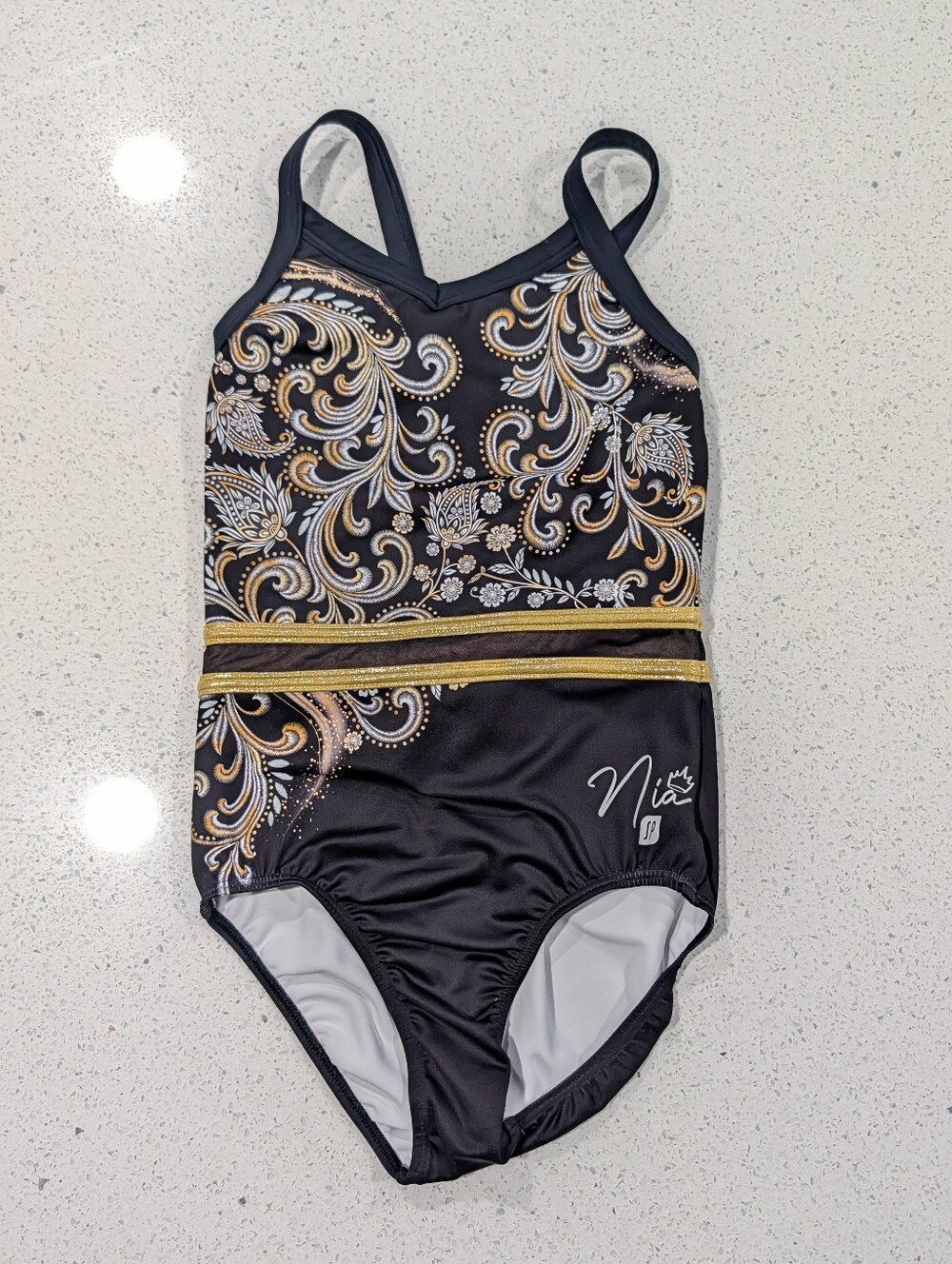RARE UCLA Sylvia P CL 12 Large Gymnastics Dance Leotard NIA DENNIS Gold Floral